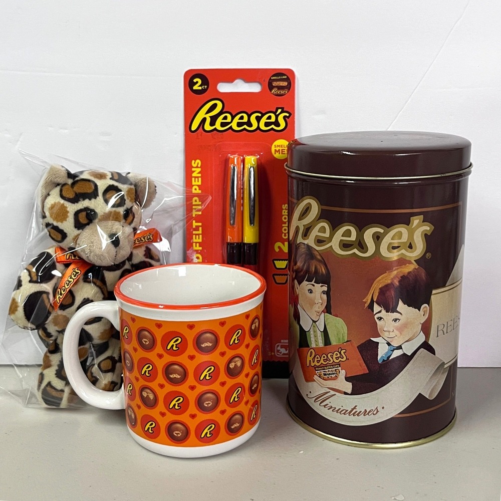 Reeses Peanut Butter Cup Gift Set Vintage Tin Mug Leopard Plush Scented Pens